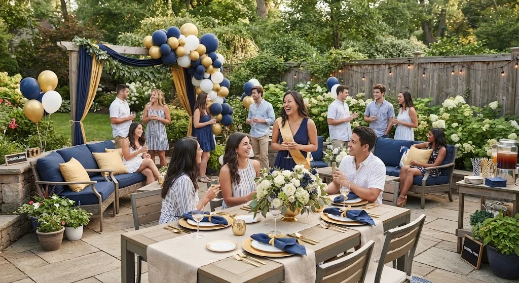 Backyard graduation party styled with school-color balloons, napkins, cushions, and flowers.