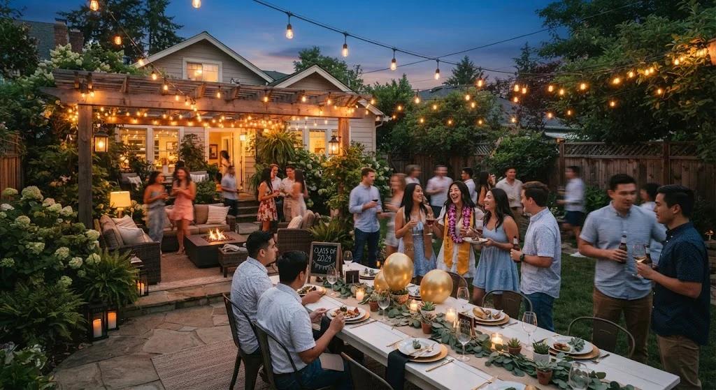 Backyard graduation party with warm string lights over an outdoor dining and seating area.