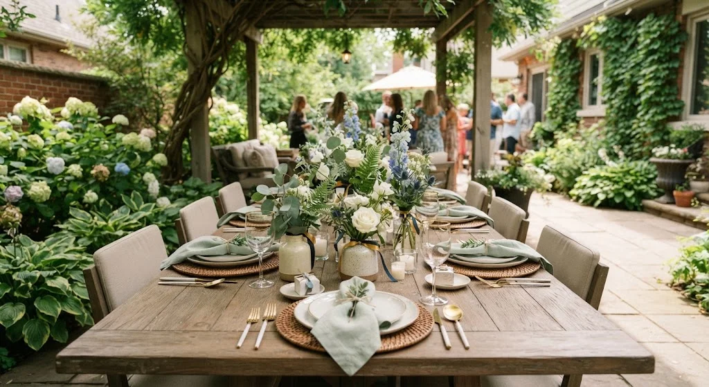 Backyard graduation tablescape with small flower arrangements, linen napkins, and dinnerware.