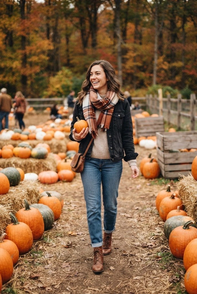 Black denim jacket with a plaid scarf, jeans, and brown boots at a pumpkin patch.