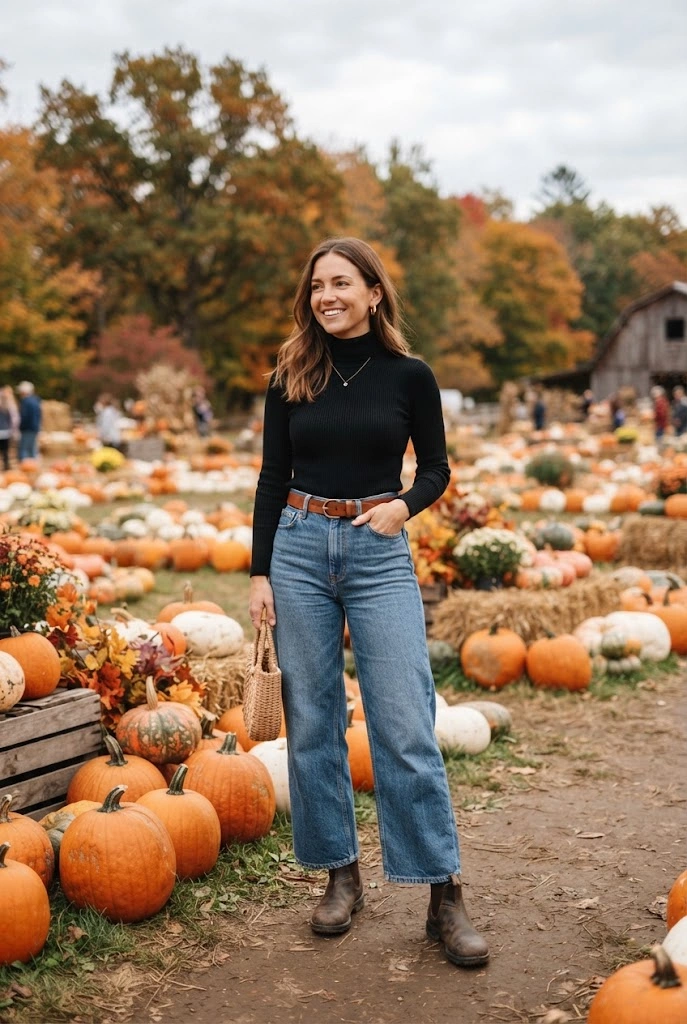 Black turtleneck paired with wide-leg jeans and ankle boots at a pumpkin patch.