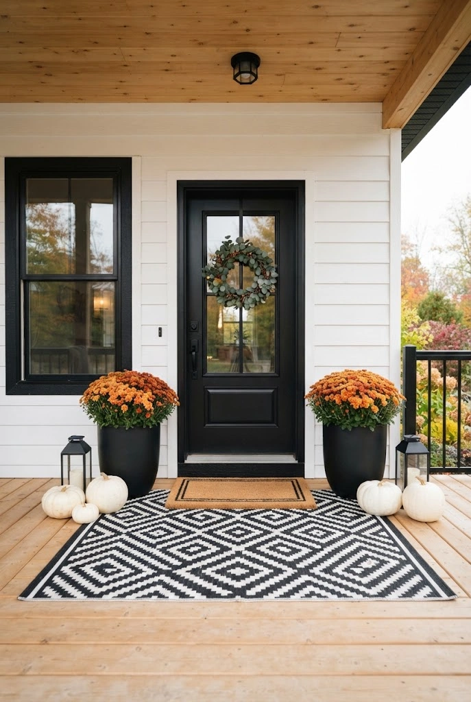 Black-and-white farmhouse porch with orange mums, white pumpkins, and layered doormats.