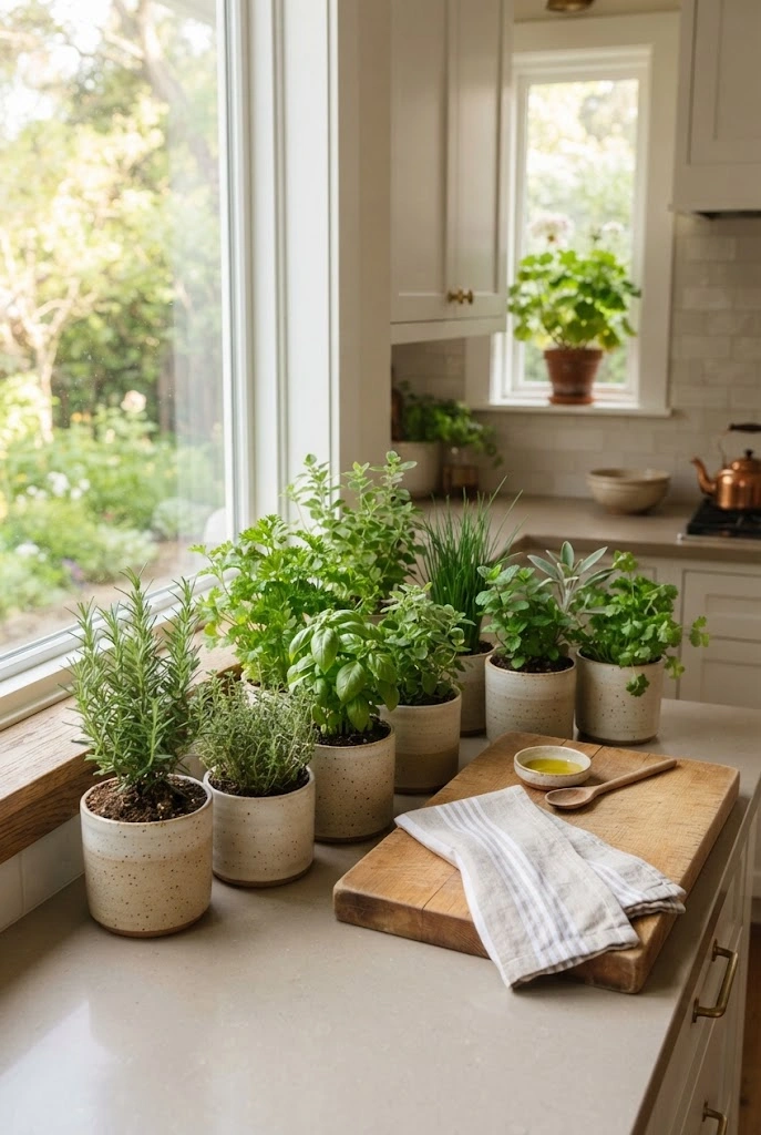 Kitchen window styled with potted herbs and natural spring accents.