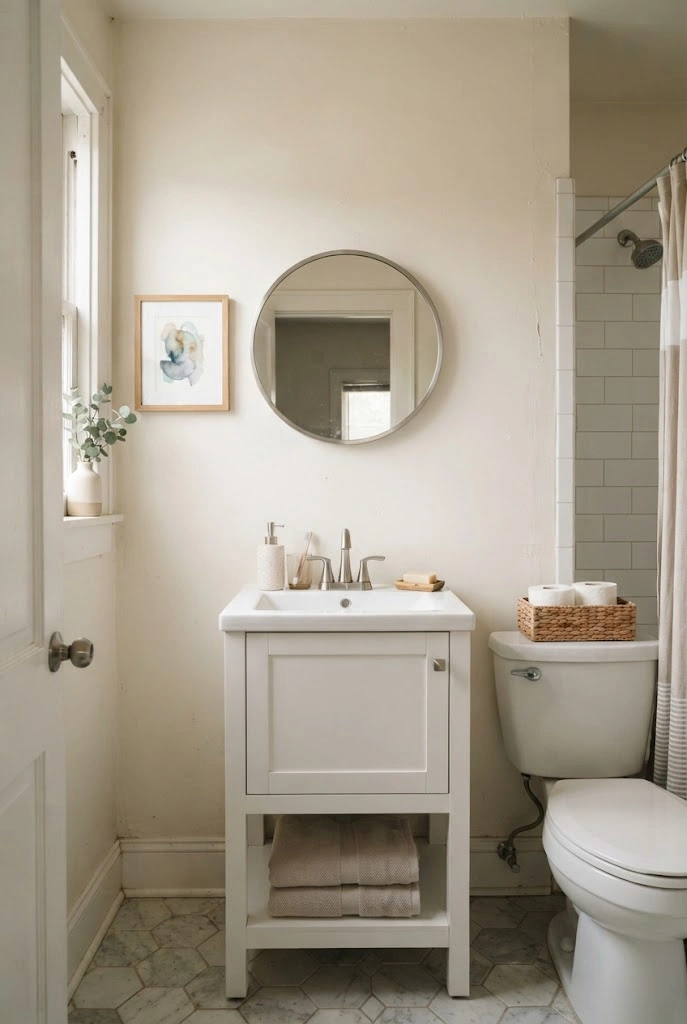 Small bathroom with fresh warm-white walls, a compact vanity, round mirror, and neutral accessories.
