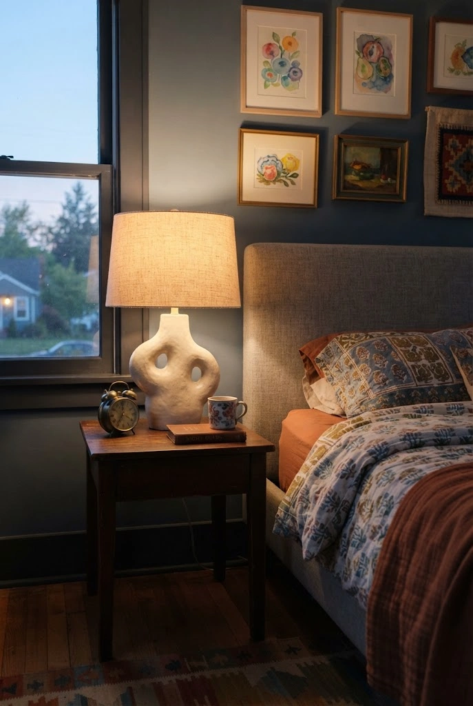 Sculptural ceramic bedside lamp contrasting with a dark wood nightstand in an eclectic bedroom.