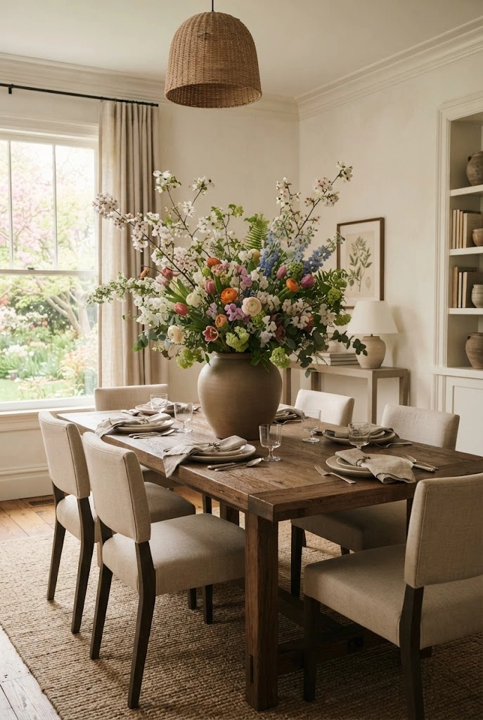 Abundant spring floral arrangement in a ceramic vase on a dining table.