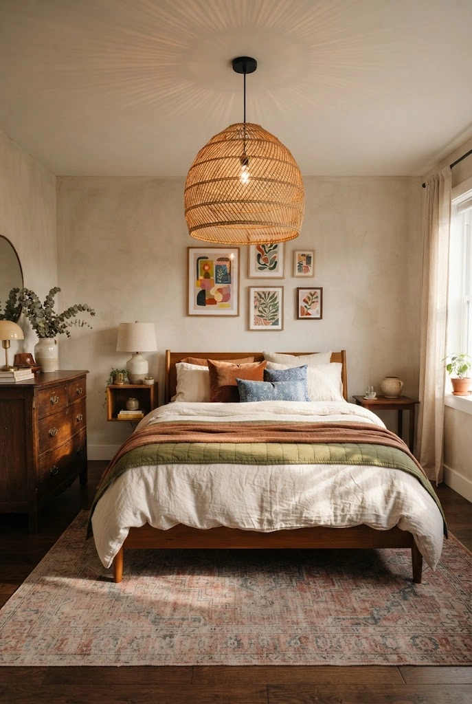 Woven rattan pendant light above a layered eclectic bedroom.