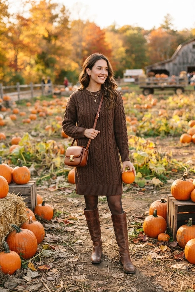 Brown sweater dress and tall boots styled for an autumn pumpkin patch visit.