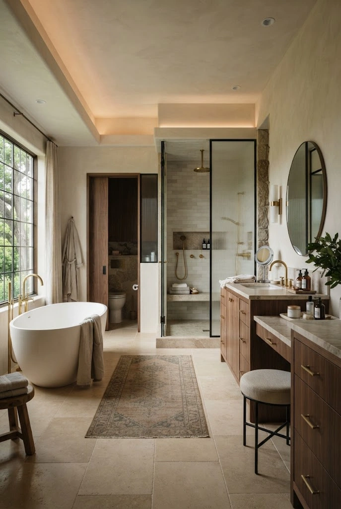 Custom luxury master bathroom combining a double vanity, spa shower, soaking tub, storage, and private zones.