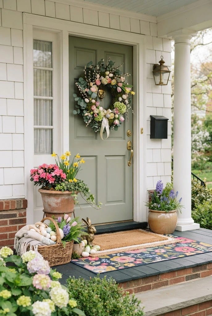 Layered Easter doorstep with wreath, spring planters, basket, and bunny accent.