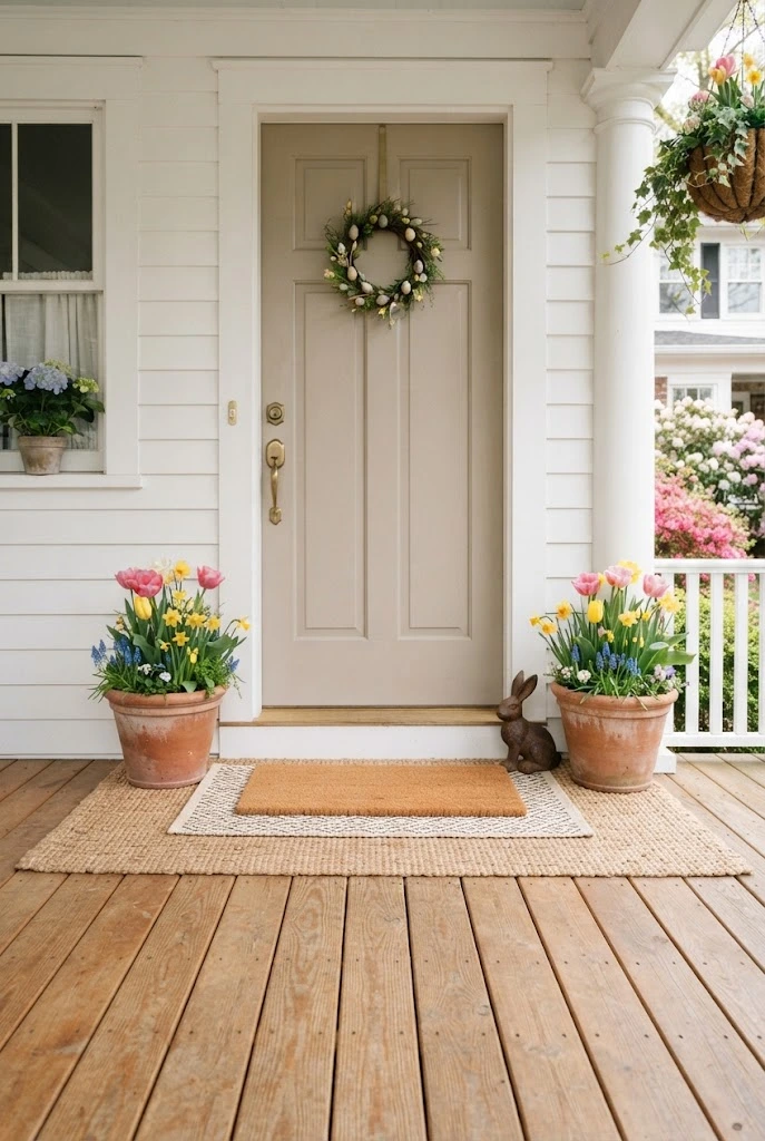 Layered outdoor rug and seasonal Easter doormat with spring planters.