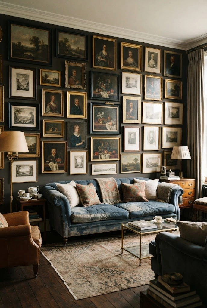 Dense salon-style wall of vintage paintings and mixed frames above a classic sofa.