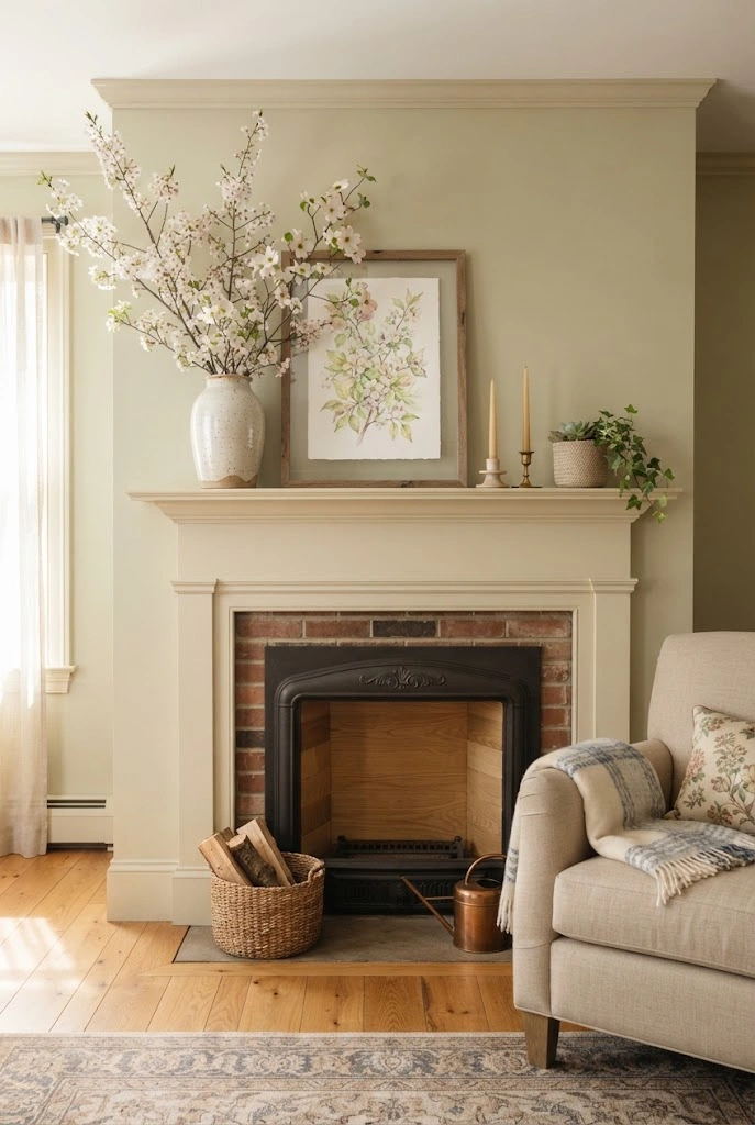 Spring mantel with flowering branches, ceramic vase, and simple neutral accents.