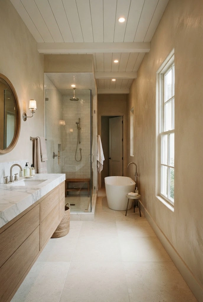 Long narrow master bathroom with vanity, shower, and tub arranged along one side.
