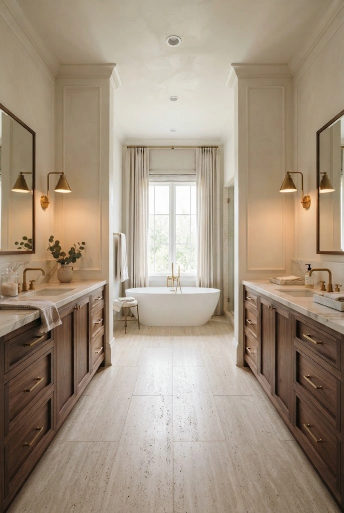 Symmetrical luxury master bathroom with matching vanities facing each other across the room.