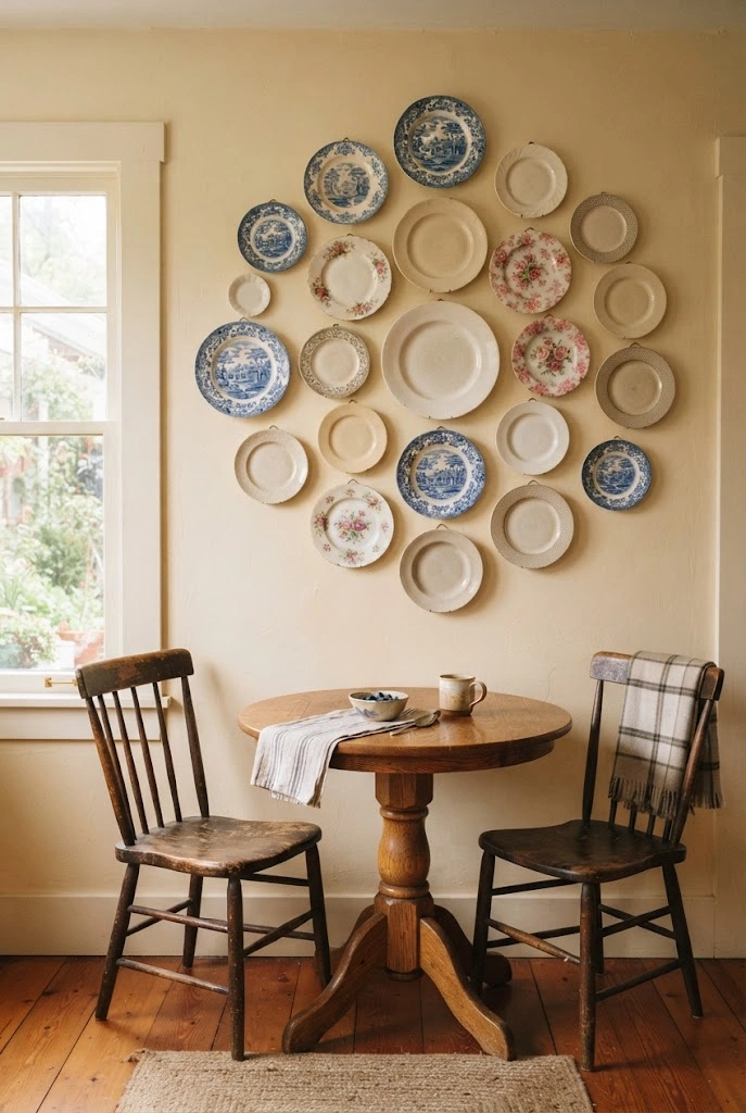 Vintage blue-and-white and floral plates arranged in an organic cluster above a breakfast nook.