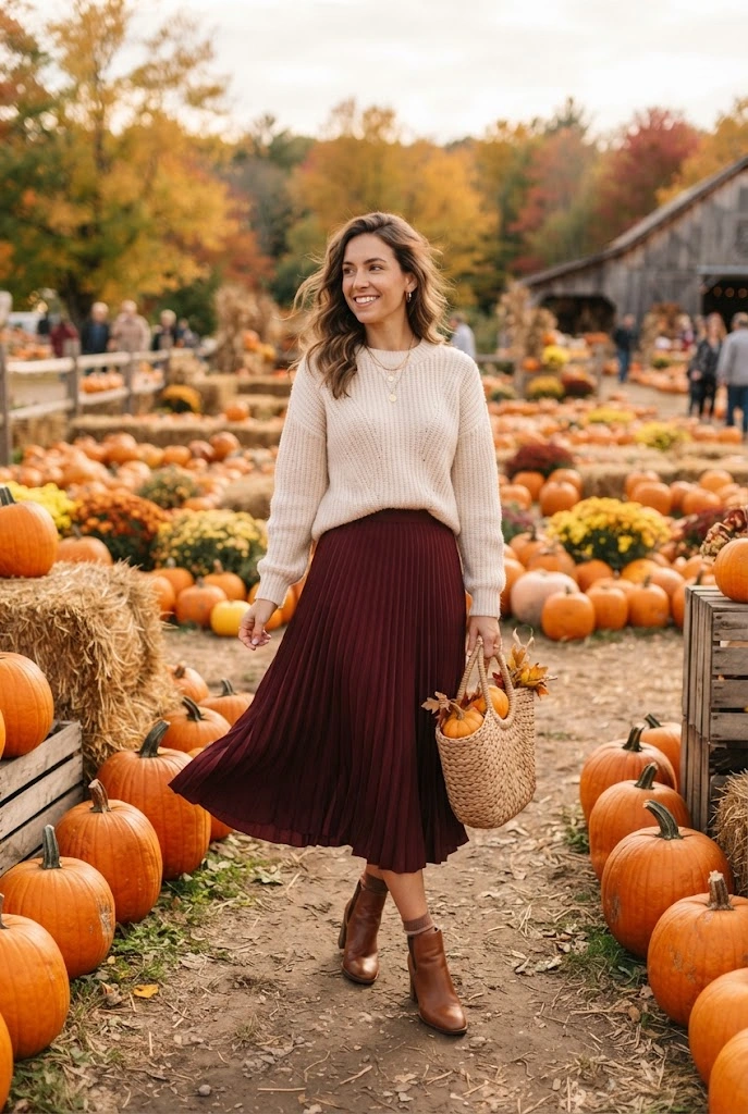 Burgundy midi skirt with a cream sweater and brown ankle boots.