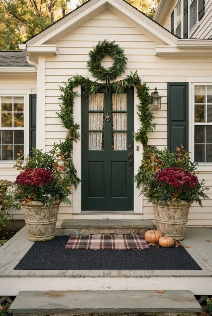 Burgundy mums, evergreen foliage, and layered plaid doormats on a cream autumn porch.