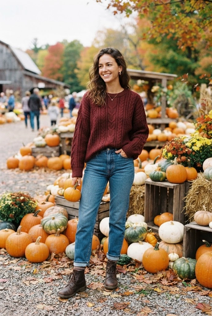 Burgundy knit sweater with classic blue jeans and brown ankle boots.