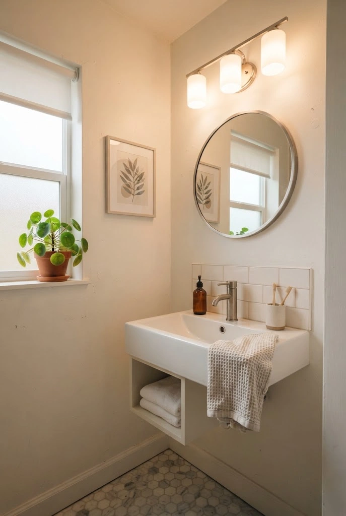 Small bathroom with a contemporary vanity light above a compact mirror.