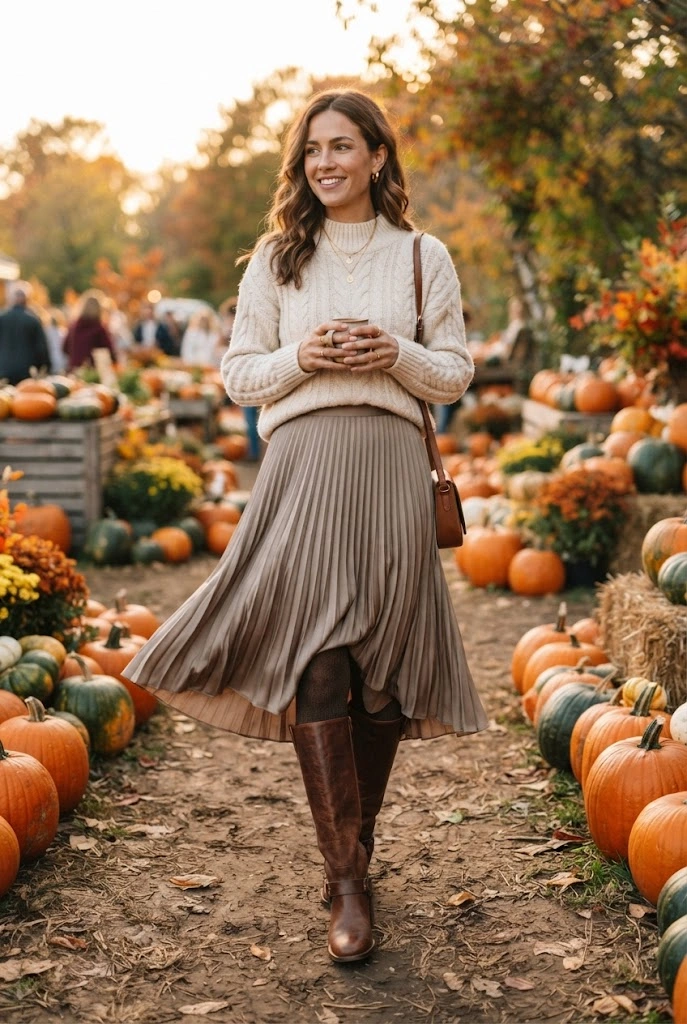 Chocolate-brown tall boots paired with a cream sweater and neutral midi skirt.