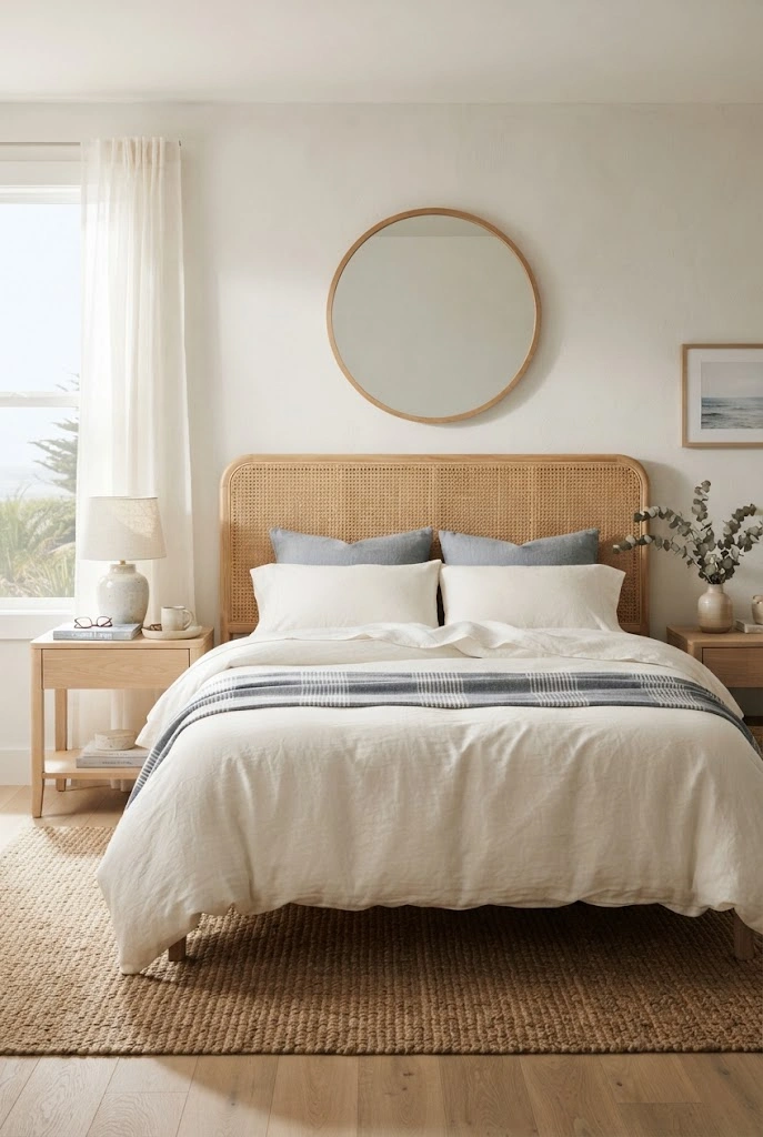 Natural cane headboard paired with ivory bedding and blue-gray accents in a coastal bedroom.