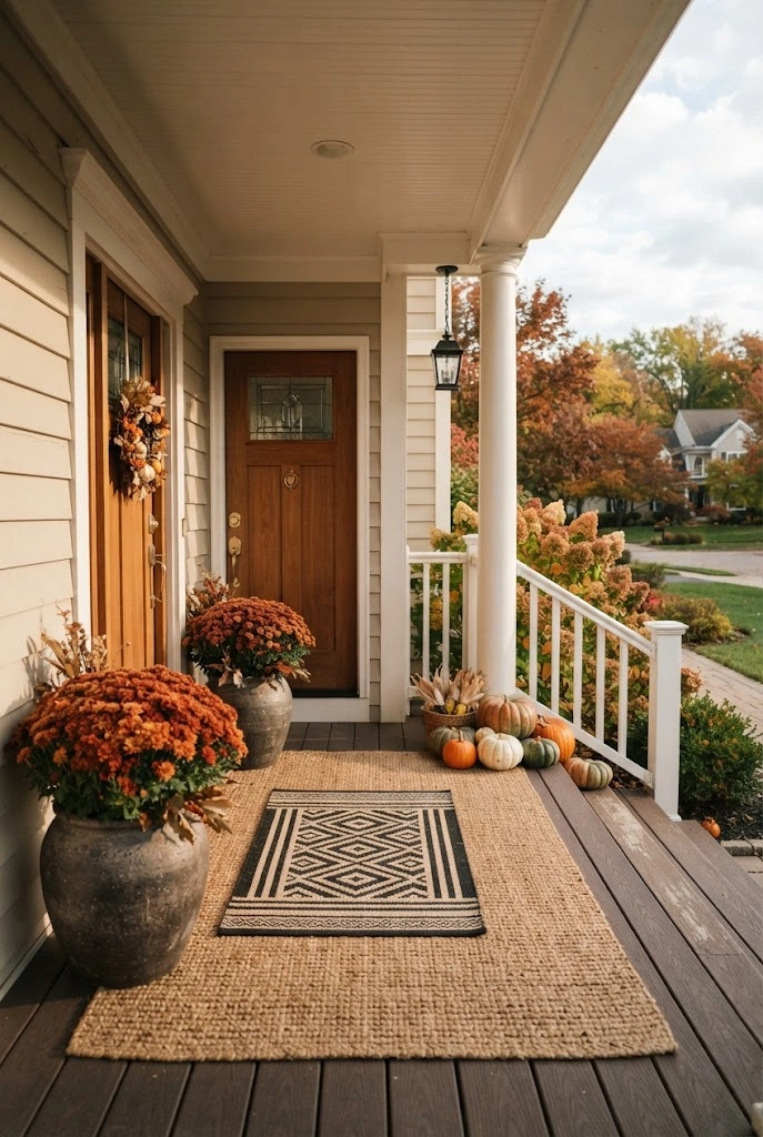 Autumn front porch with layered black and natural doormats, potted mums, and pumpkins.