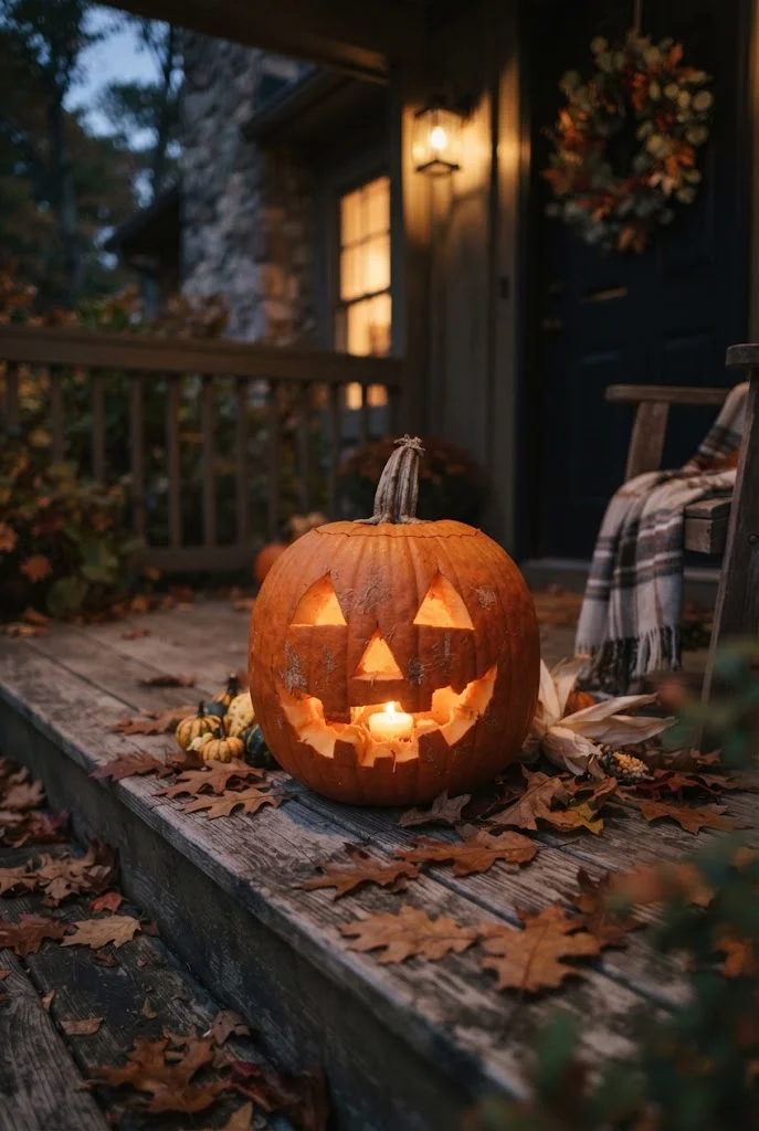 Classic toothy jack-o'-lantern glowing on a front porch at dusk.