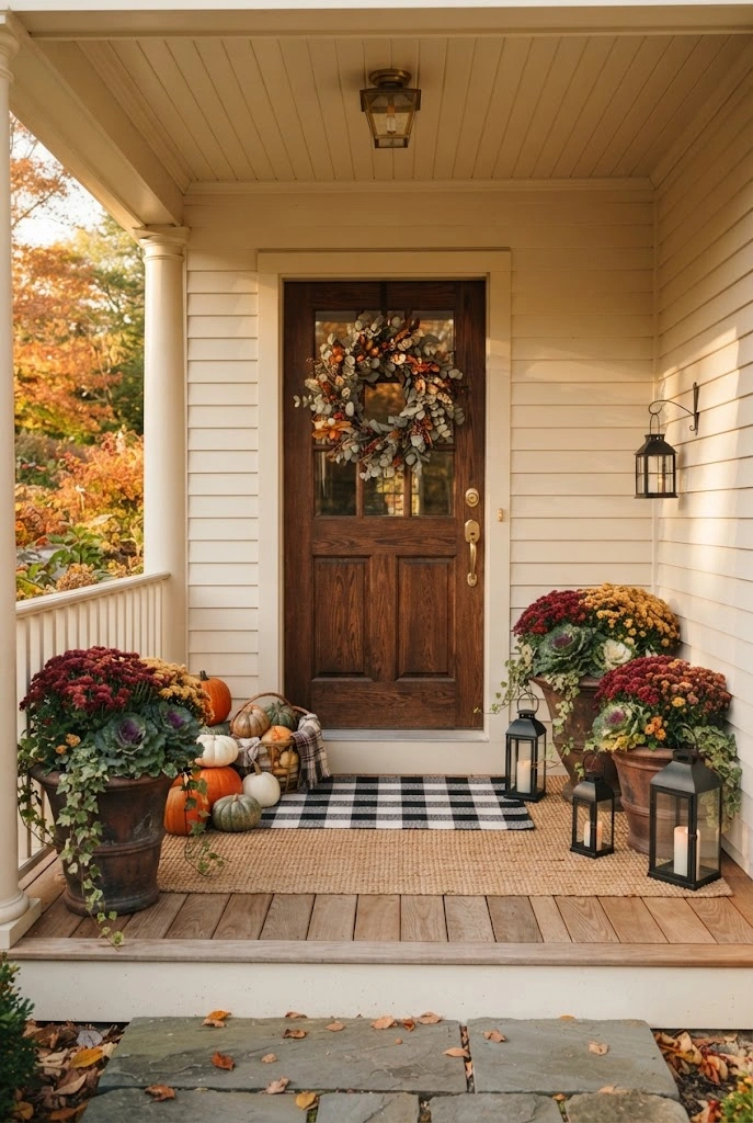 Traditional autumn front porch with layered doormats, mums, pumpkins, lanterns, and wreath.