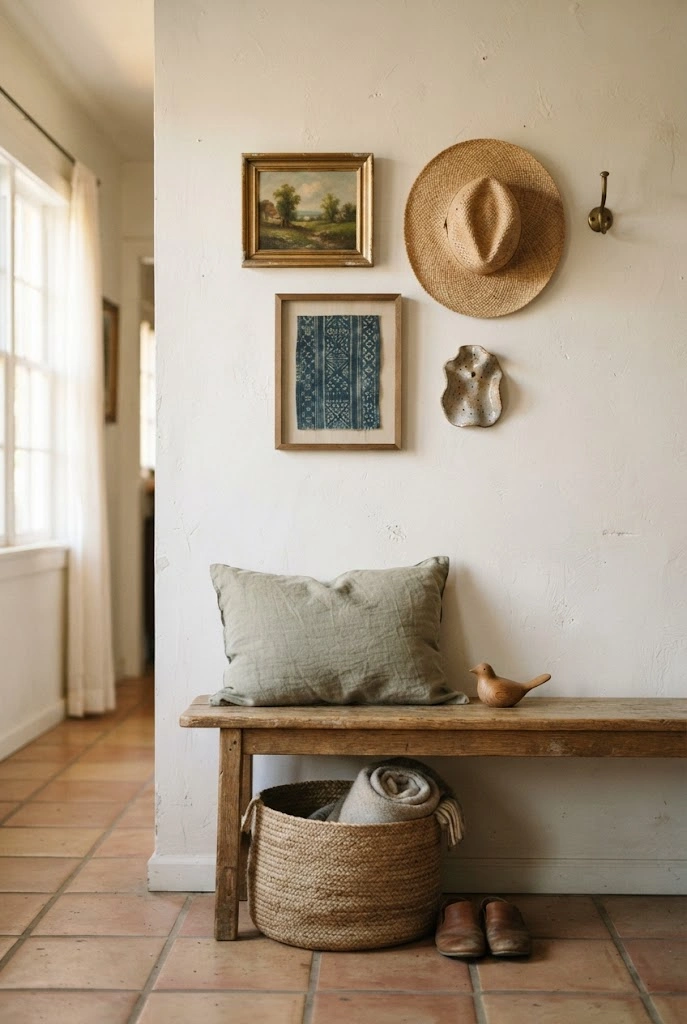 Eclectic entryway wall combining vintage landscape art, a straw hat, textile, and ceramic decor.