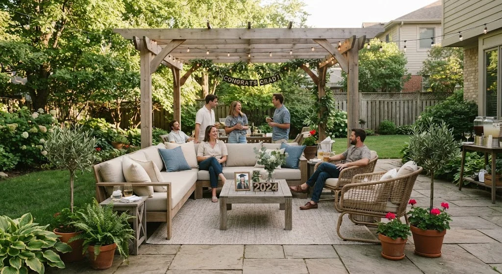 Comfortable shaded lounge with outdoor sofas and chairs at a backyard graduation celebration.