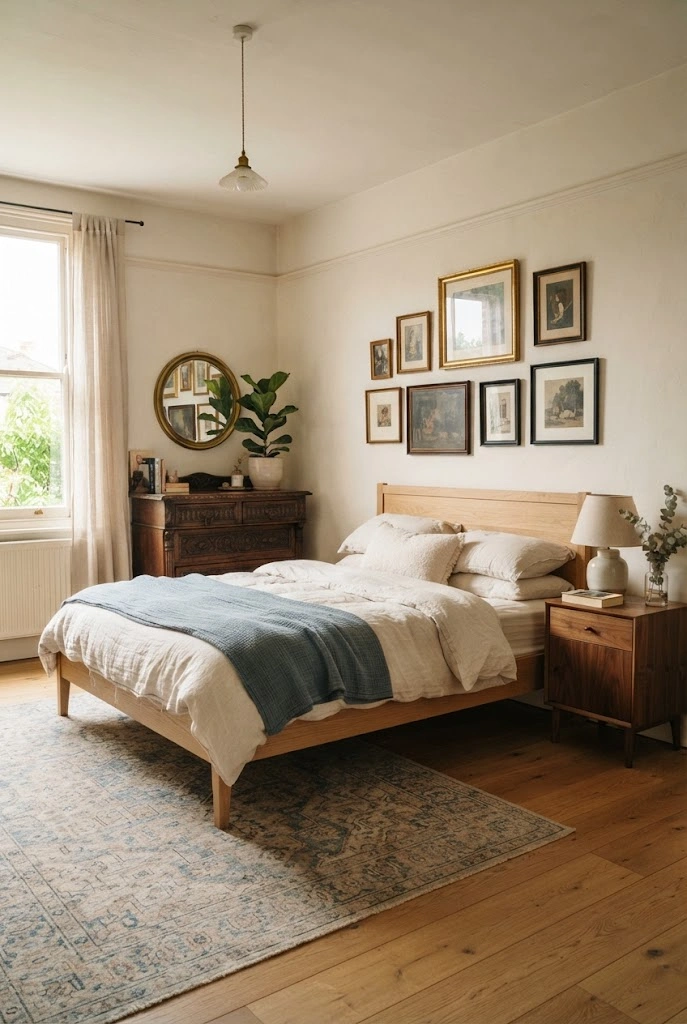 Eclectic bedroom combining pale oak, walnut, and dark antique wood furniture.