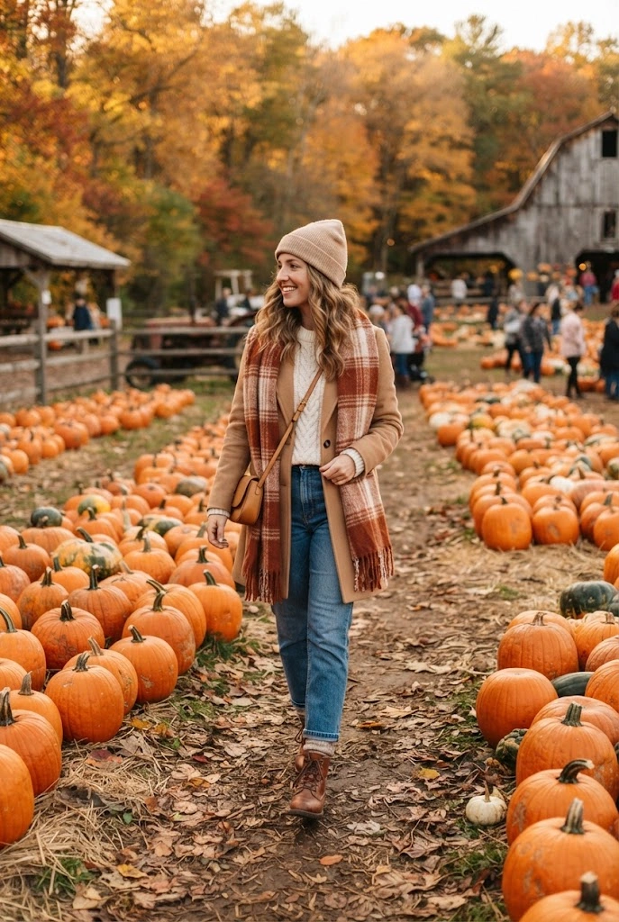 Layered cream, camel, and rust fall outfit with a scarf and beanie at a pumpkin patch.