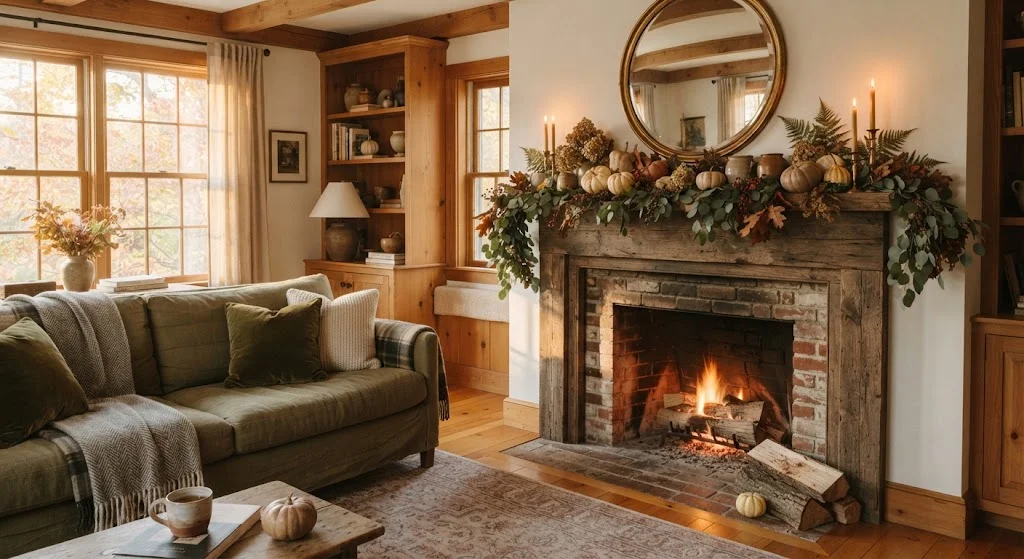 Cozy Thanksgiving fireplace mantel decorated with greenery, pumpkins, ceramics, and autumn foliage.