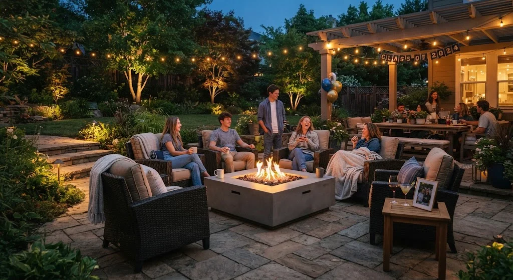 Cozy backyard graduation seating area with fire pit, outdoor chairs, cushions, and string lights.