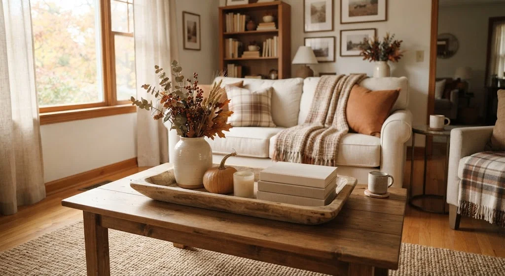 Cozy living room coffee table with a tray of pumpkins, dried stems, ceramic vase, and candle.