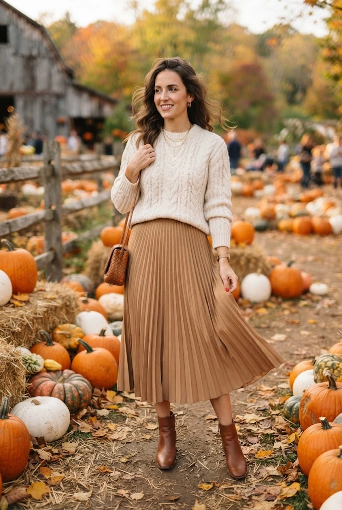 Cream cable-knit sweater paired with a camel pleated skirt and brown boots.