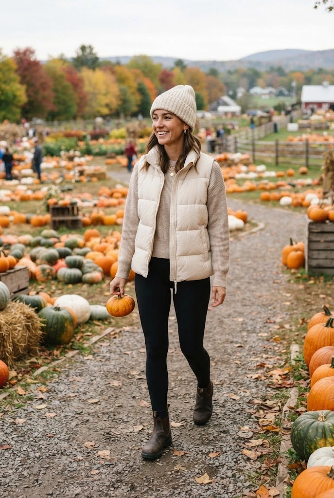 Cream puffer vest, beige top, black leggings, boots, and beanie at a pumpkin patch.