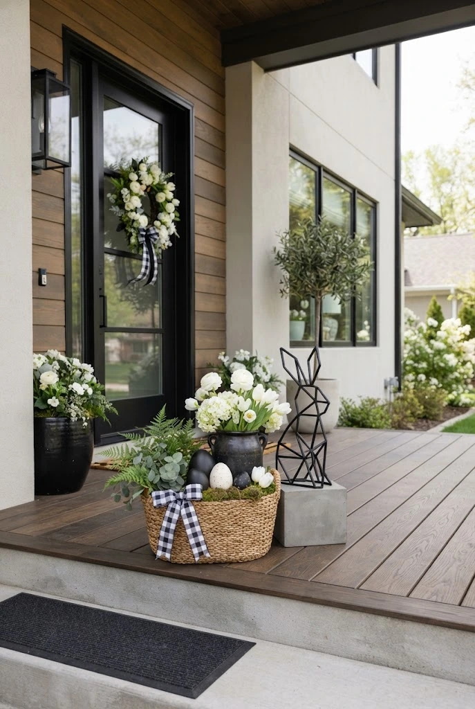 Modern black-and-white Easter porch with bunny, flowers, eggs, and greenery.