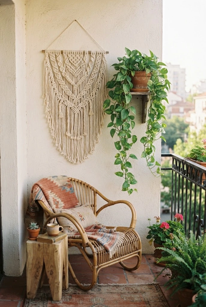 Boho balcony wall with textured macramé decor and trailing greenery.