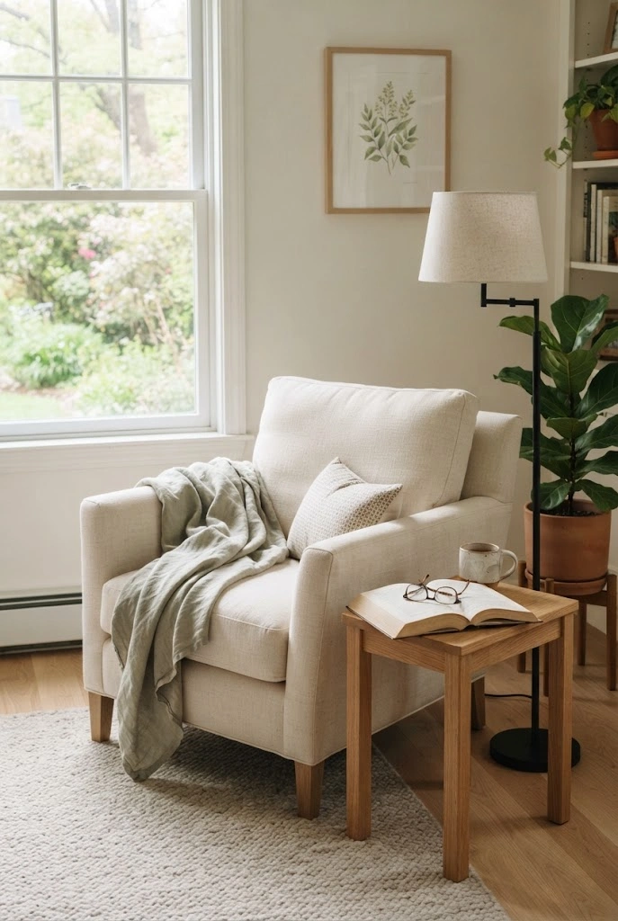 Calm spring reading corner with a cream chair, sage throw, oak table, and greenery.