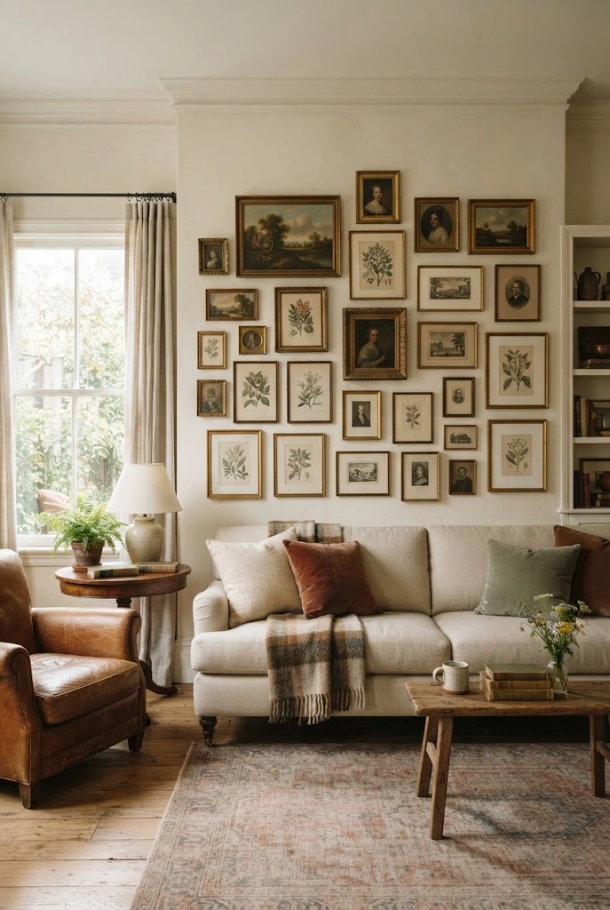 Collected vintage gallery wall with antique paintings, botanical prints, and mixed wood frames above a linen sofa.