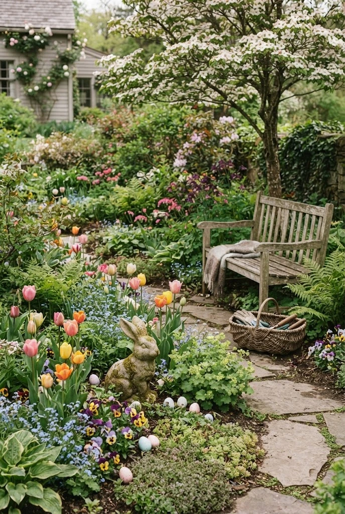 Small Easter bunny nestled among spring flowers in a cottage garden.