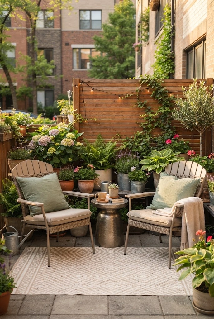 Small spring patio with neutral outdoor seating, sage cushions, and potted plants.