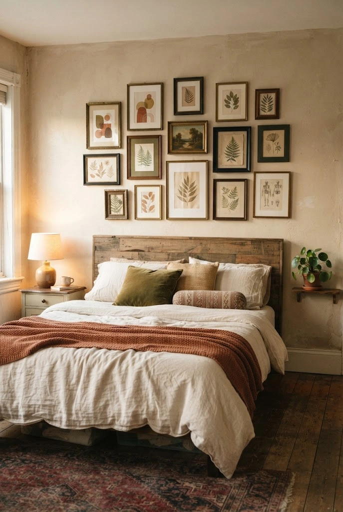 Mixed-frame gallery wall above a layered bed in a cozy eclectic bedroom.