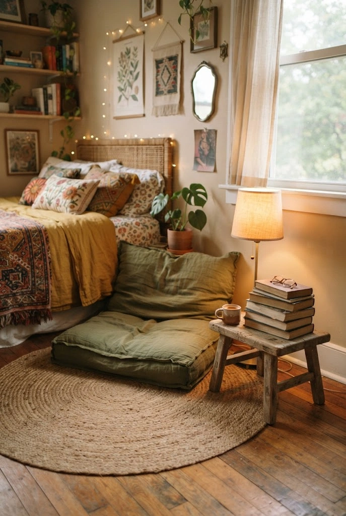 Low floor-level reading nook with a woven rug, cushion, books, and lamp.