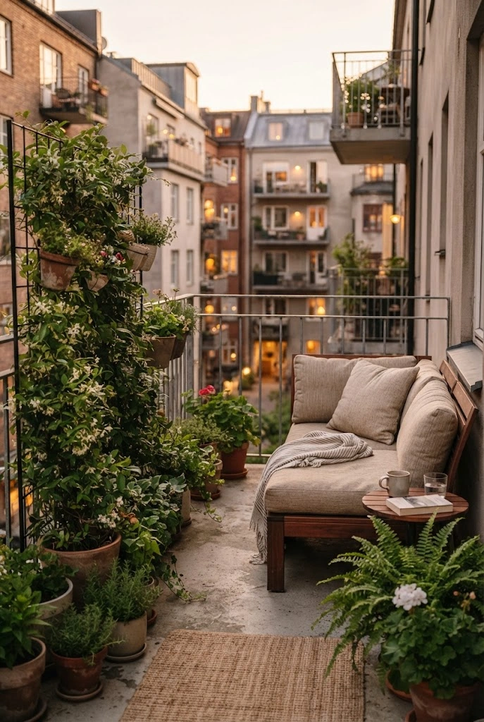 Small balcony with a green trellis creating a natural privacy wall.