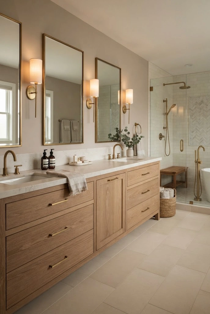 Long custom double vanity with two sinks and separate storage zones in a luxury bathroom.