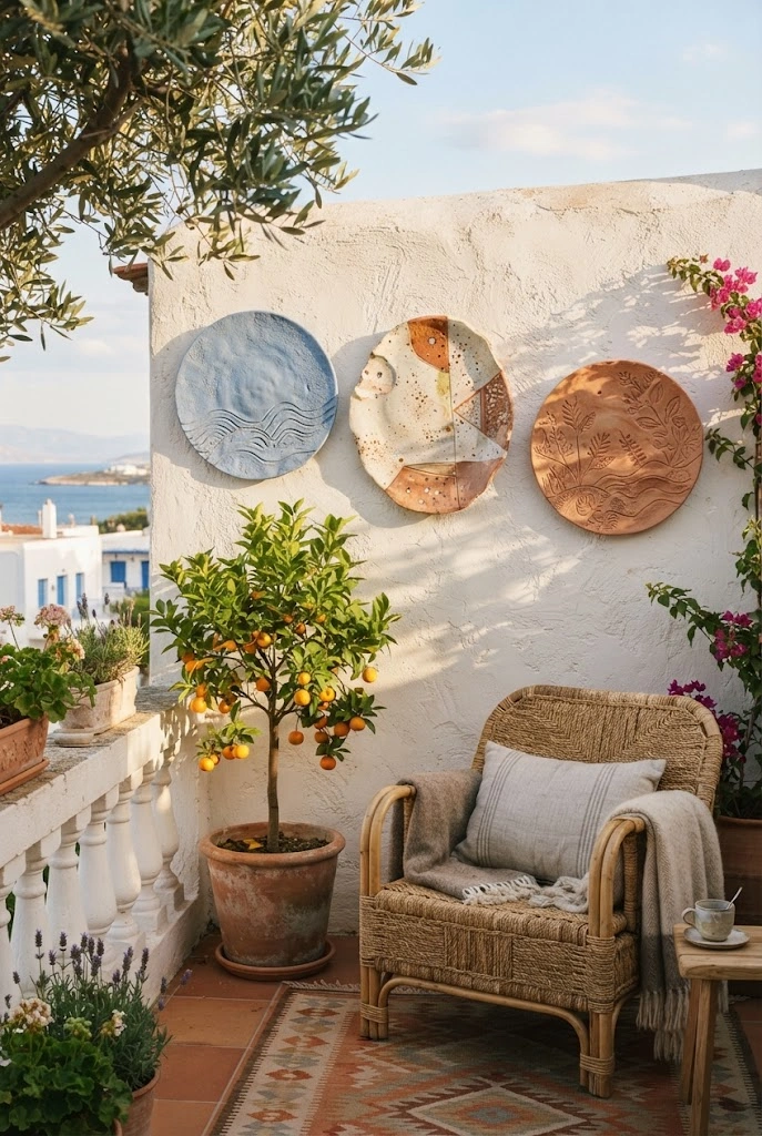 Mediterranean-style ceramic wall pieces decorating a small balcony.