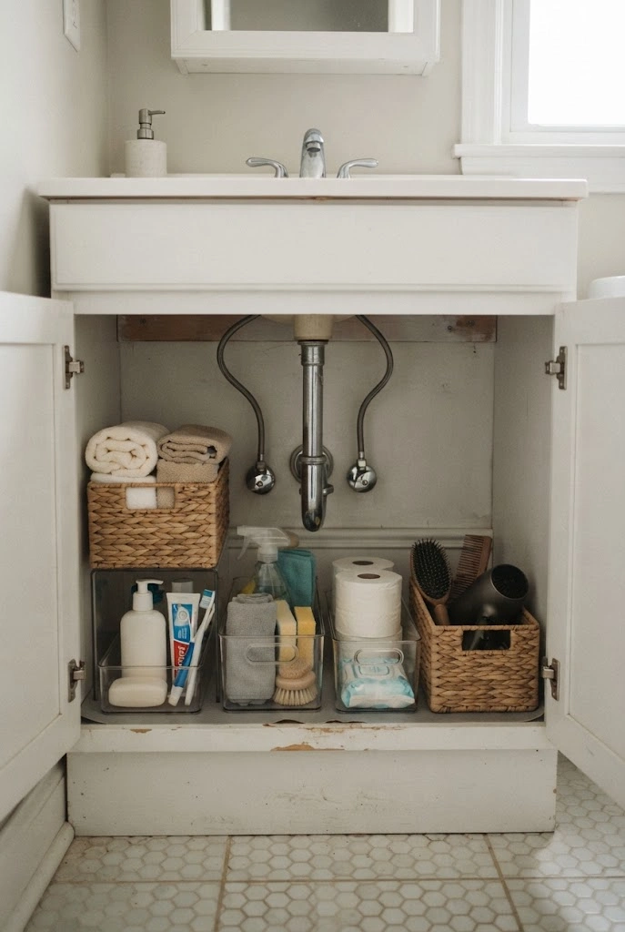 Organized under-sink bathroom cabinet with separate bins for toiletries and cleaning supplies.